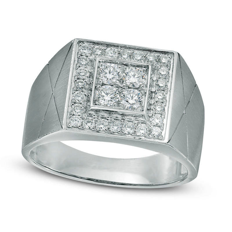 Image of ID 1 Mens 075 CT TW Quad Natural Diamond Frame Satin Signet Ring in Solid 10K White Gold