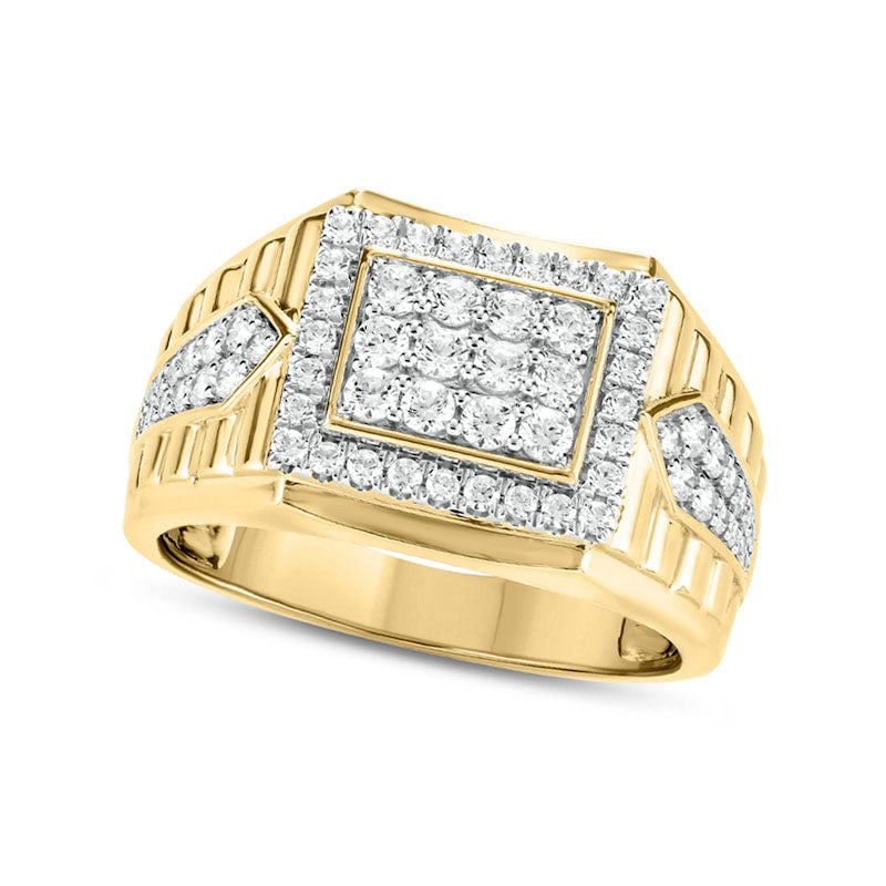 Image of ID 1 Men's 10 CT TW Composite Natural Diamond Frame Rectangle-Top Pointed Double Row Ribbed Shank Ring in Solid 10K Yellow Gold