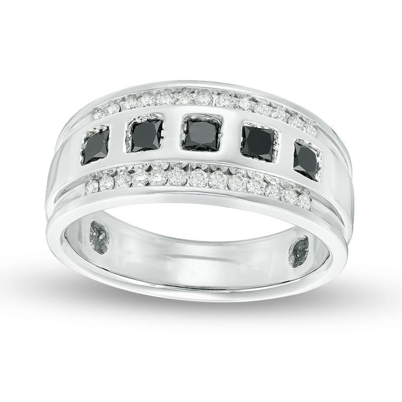 Image of ID 1 Men's 10 CT TW Enhanced Black and White Natural Diamond Five Stone Wedding Band in Solid 14K White Gold