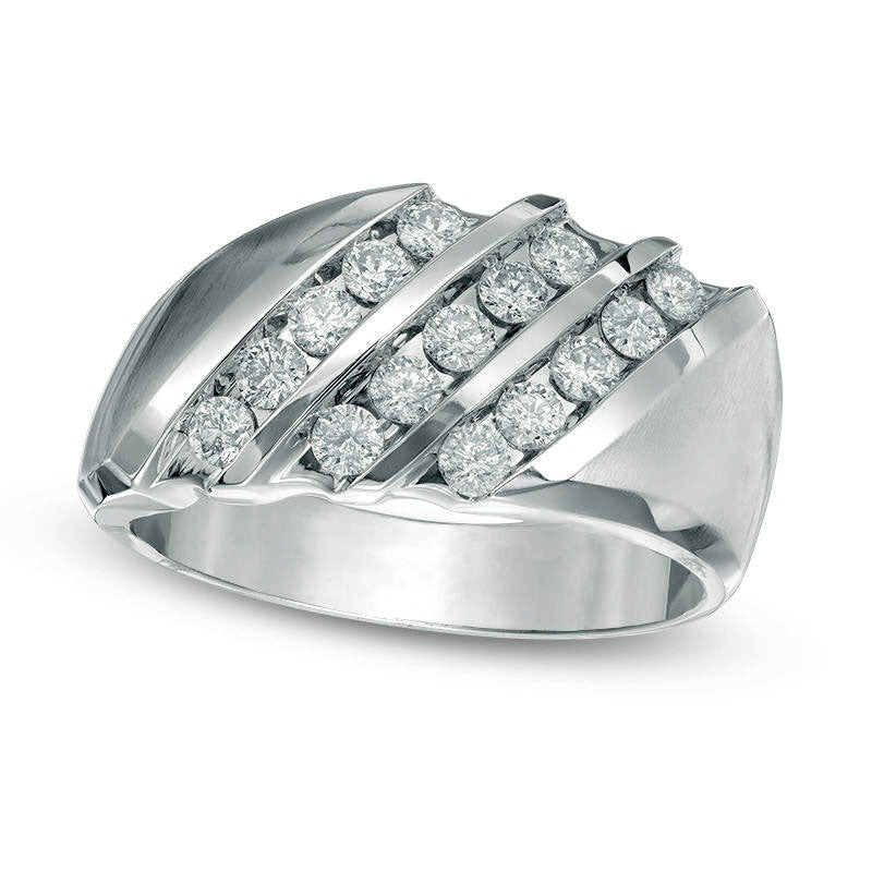 Image of ID 1 Men's 10 CT TW Natural Diamond Slanted Three Row Ring in Solid 10K White Gold