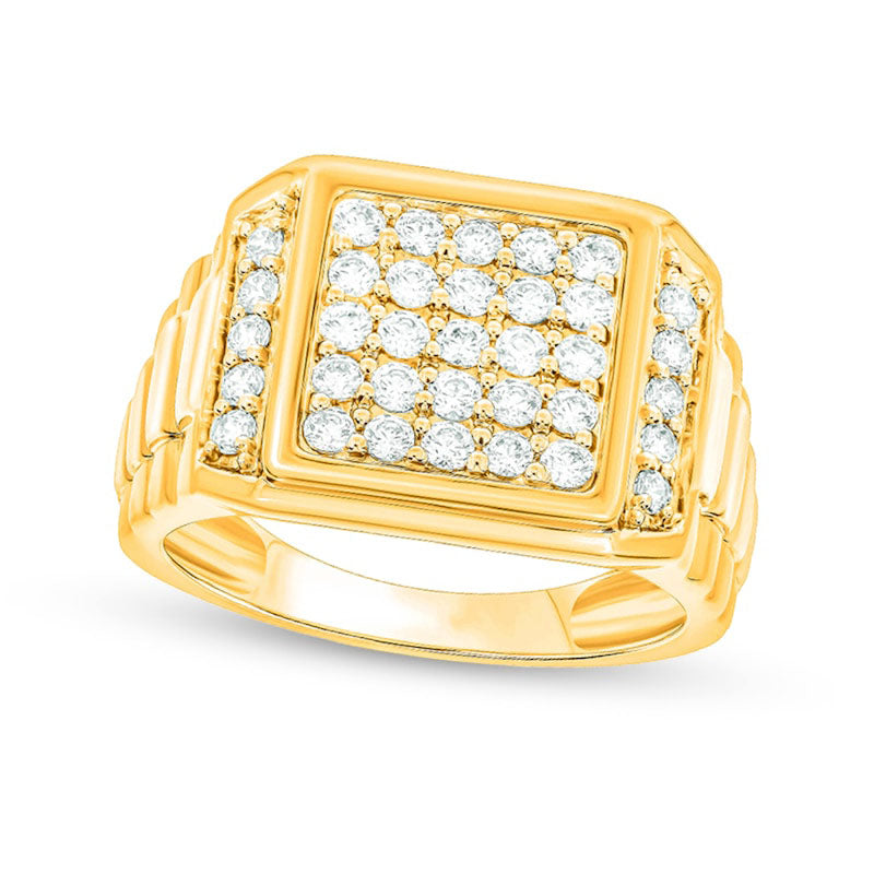 Image of ID 1 Men's 10 CT TW Natural Diamond Square-Top Ribbed Shank Ring in Solid 10K Yellow Gold