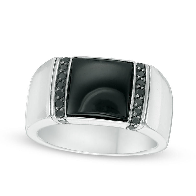 Image of ID 1 Men's 110mm Cushion-Cut Onyx and 033 CT TW Enhanced Black Natural Diamond Ring in Sterling Silver