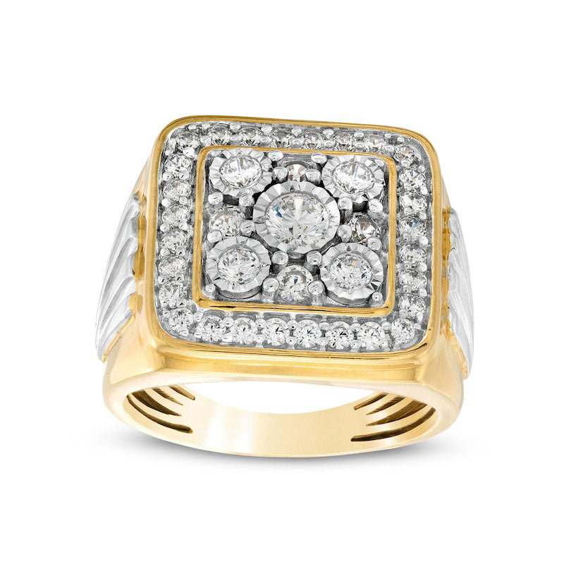 Image of ID 1 Men's 138 CT TW Natural Diamond Square Frame Ribbed Side Accent Ring in Solid 10K Two-Tone Gold
