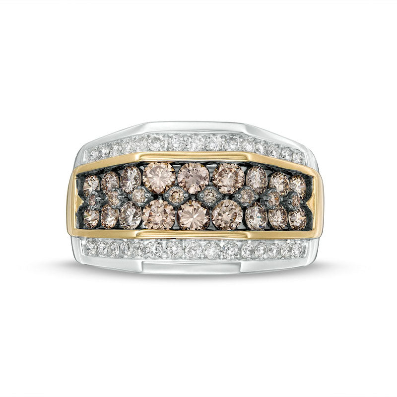 Image of ID 1 Men's 20 CT TW Champagne and White Natural Diamond Multi-Row Ring in Solid 10K Two-Tone Gold