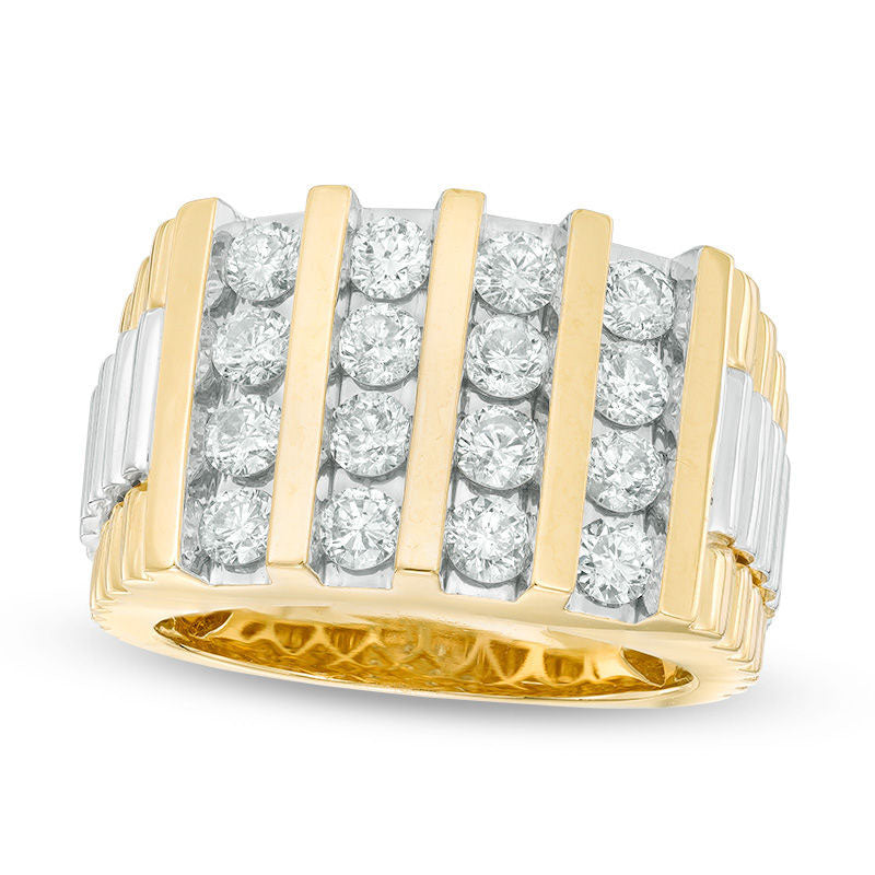 Image of ID 1 Men's 20 CT TW Natural Diamond Vertical Four Row Stepped Shank Ring in Solid 14K Two-Tone Gold