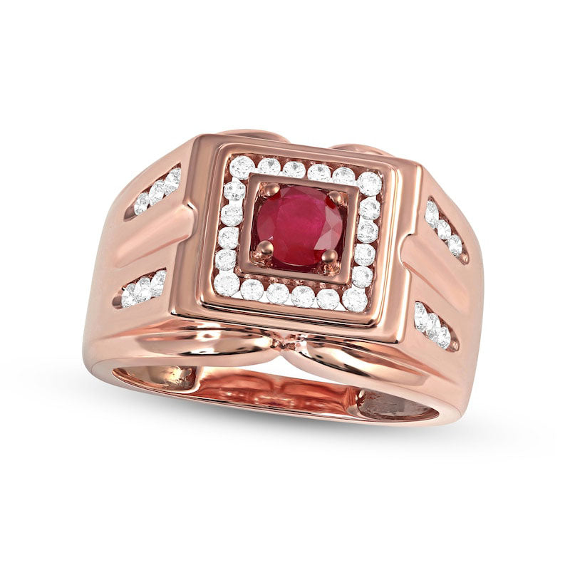 Image of ID 1 Men's 50mm Ruby and 050 CT TW Natural Diamond Square Frame Double Row with Groove Shank Ring in Solid 10K Rose Gold
