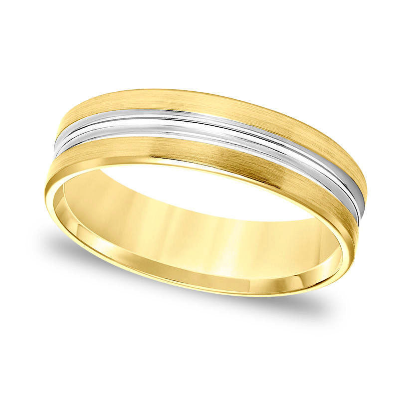 Image of ID 1 Men's 60mm Comfort-Fit Grooved Center Brushed Edge Wedding Band in Solid 14K Gold