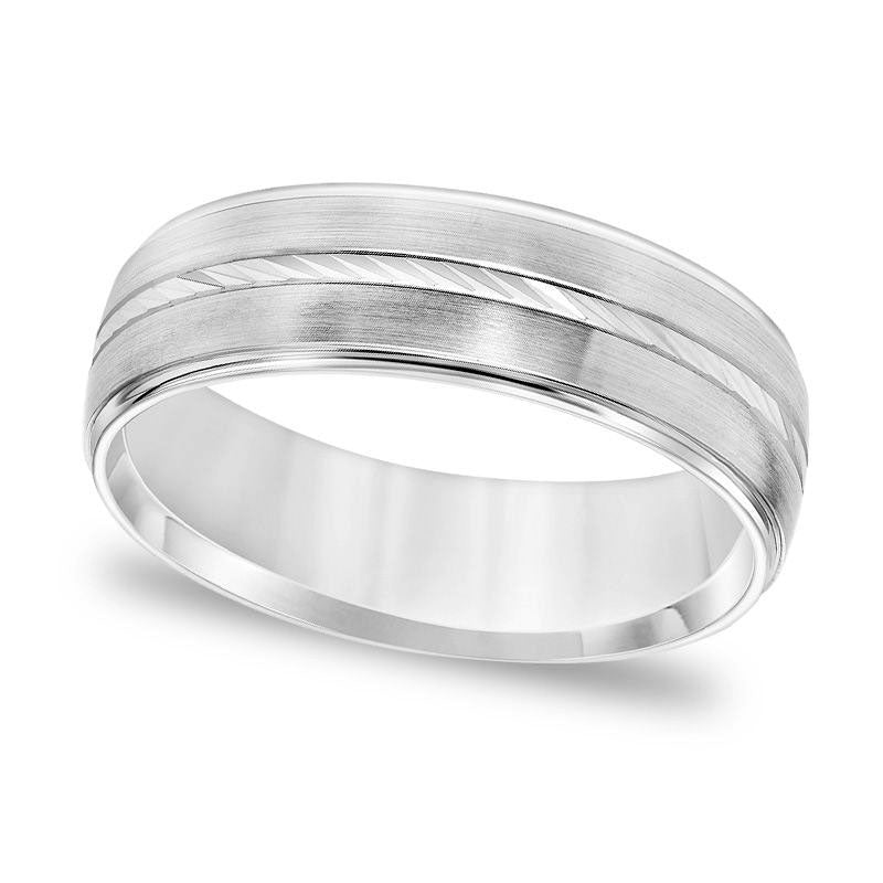 Image of ID 1 Men's 60mm Comfort-Fit Swiss-Cut Etched Center Brushed Wedding Band in Solid 14K White Gold