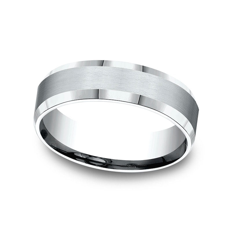 Image of ID 1 Men's 60mm Satin Finish Beveled Edge Comfort-Fit Wedding Band in Solid 10K White Gold
