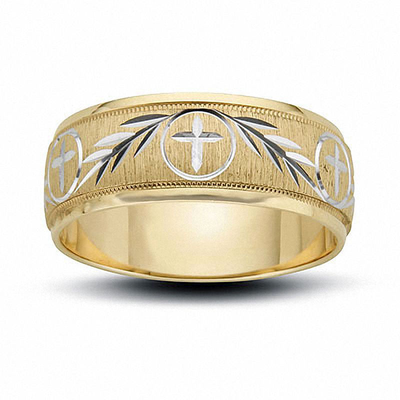 Image of ID 1 Men's 80mm Cross and Ivy Engraved Wedding Band in Solid 14K Gold