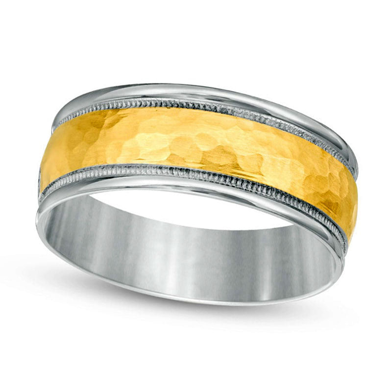 Image of ID 1 Mens 80mm Hammered Milgrain Comfort Fit Wedding Band in Solid 14K Two-Tone Gold
