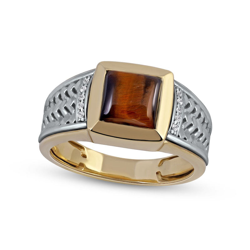 Image of ID 1 Men's 80mm Square-Cut Tiger's Eye and 005 CT TW Natural Diamond Basket Weave Ring in Solid 10K Two-Tone Gold