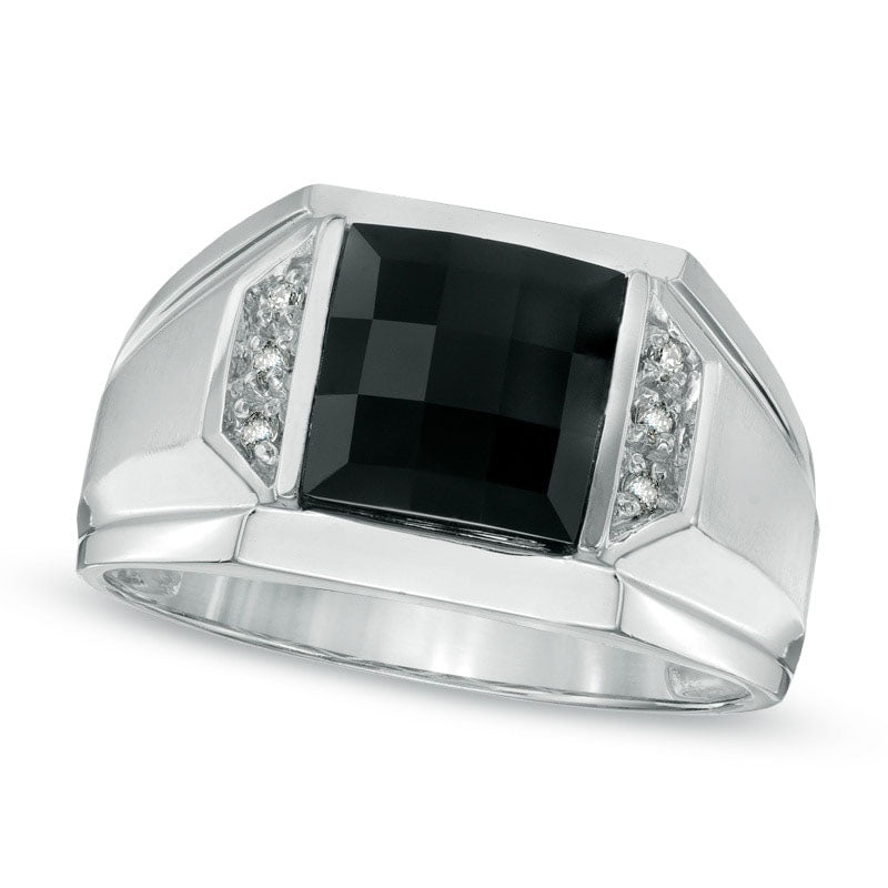 Image of ID 1 Men's 85mm Square-Cut Onyx and Natural Diamond Accent Ring in Solid 14K White Gold
