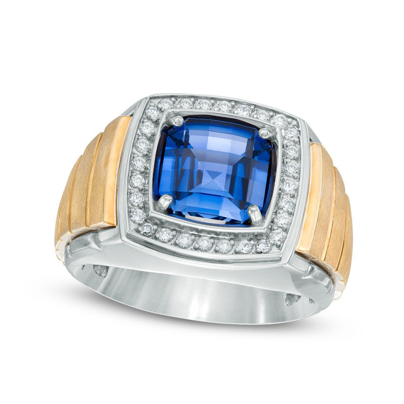 Image of ID 1 Men's 90mm Cushion-Cut Lab-Created Blue Sapphire and 025 CT TW Diamond Comfort Fit Ring in Solid 10K Two-Tone Gold