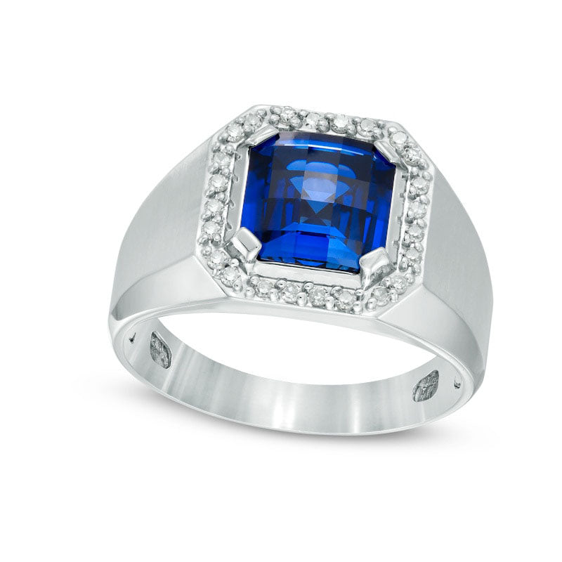 Image of ID 1 Men's 90mm Cushion-Cut Lab-Created Blue Sapphire and 025 CT TW Diamond Frame Comfort Fit Ring in Solid 10K White Gold