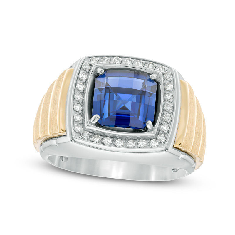 Image of ID 1 Men's 90mm Cushion-Cut Lab-Created Blue Sapphire and 025 CT TW Diamond Frame Ring in Sterling Silver and Solid 10K Yellow Gold