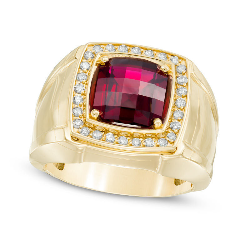 Image of ID 1 Men's 90mm Cushion-Cut Lab-Created Garnet and 025 CT TW Diamond Comfort Fit Ring in Solid 10K Yellow Gold