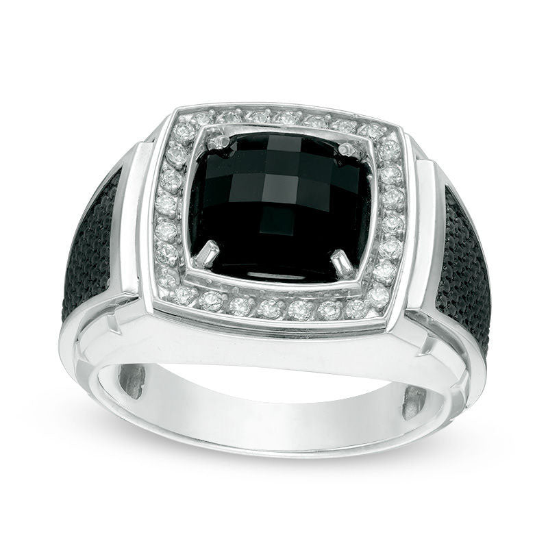 Image of ID 1 Men's 90mm Cushion-Cut Onyx and 025 CT TW Natural Diamond Frame Ring in Solid 10K White Gold and Black Rhodium