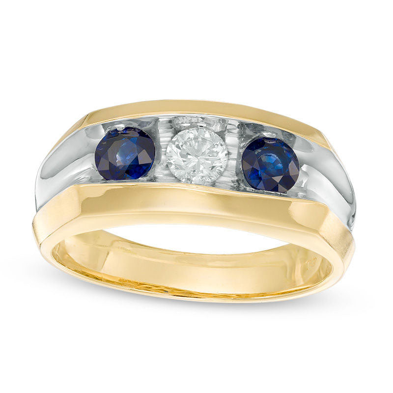 Image of ID 1 Men's Blue Sapphire and 033 CT Natural Diamond Three-Stone Ring in Solid 10K Yellow Gold