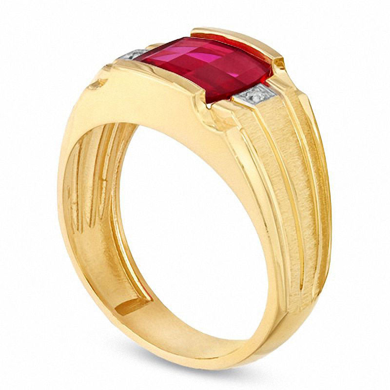 Image of ID 1 Men's Cushion-Cut Lab-Created Ruby and Diamond Accent Ring in Solid 10K Yellow Gold
