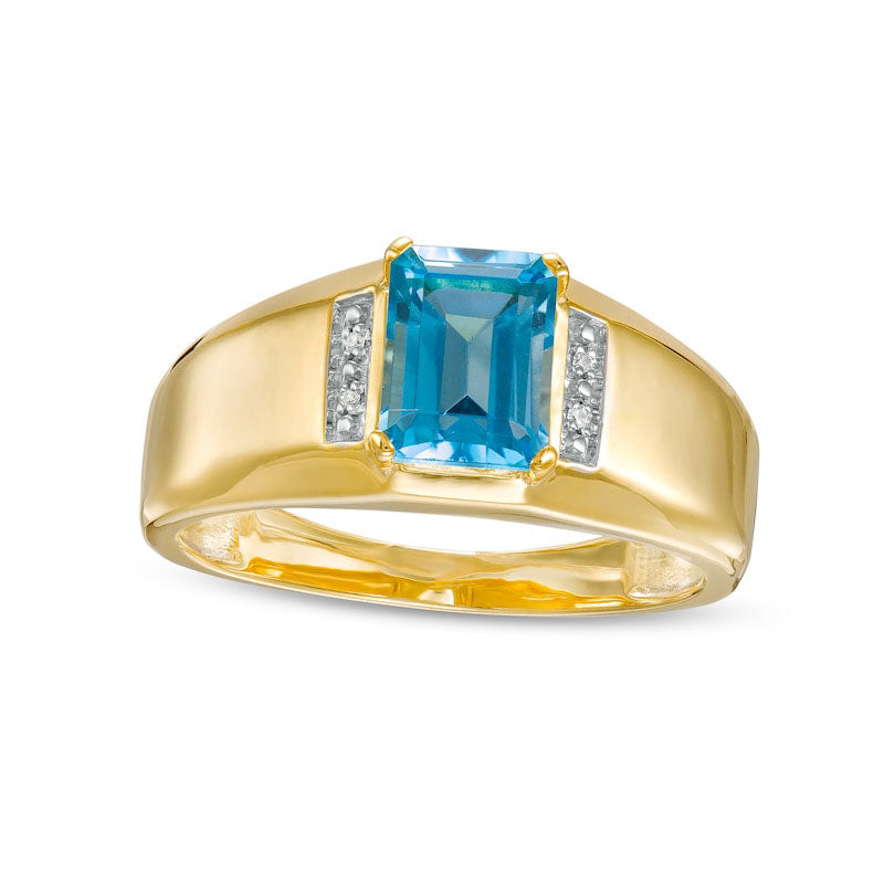 Image of ID 1 Men's Emerald-Cut Swiss Blue Topaz and Natural Diamond Accent Collar Ring in Solid 10K Yellow Gold