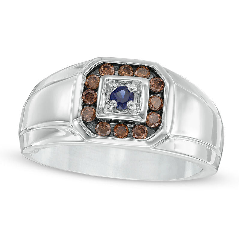 Image of ID 1 Men's Lab-Created Blue Sapphire and 038 CT TW Champagne Diamond Frame Ring in Solid 10K White Gold