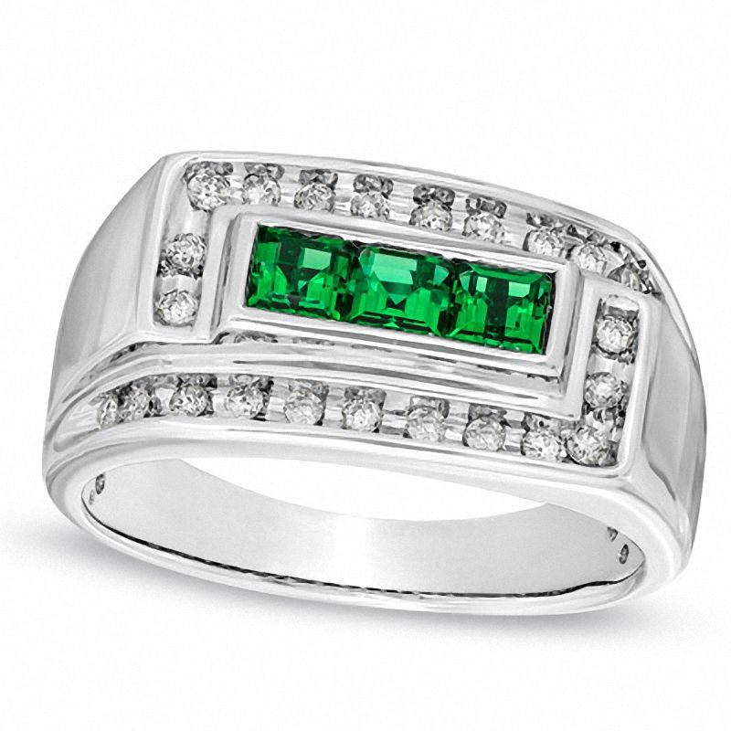 Image of ID 1 Men's Lab-Created Square-Cut Emerald and 025 CT TW Diamond Ring in Solid 10K White Gold