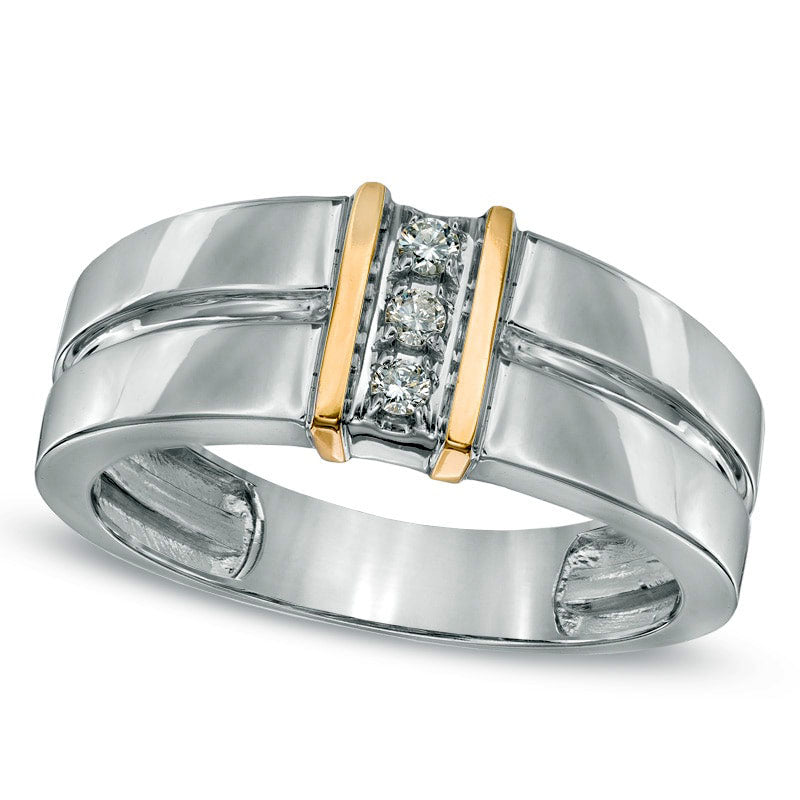 Image of ID 1 Men's Natural Diamond Accent Linear Three Stone Ring in Solid 10K Two-Tone Gold