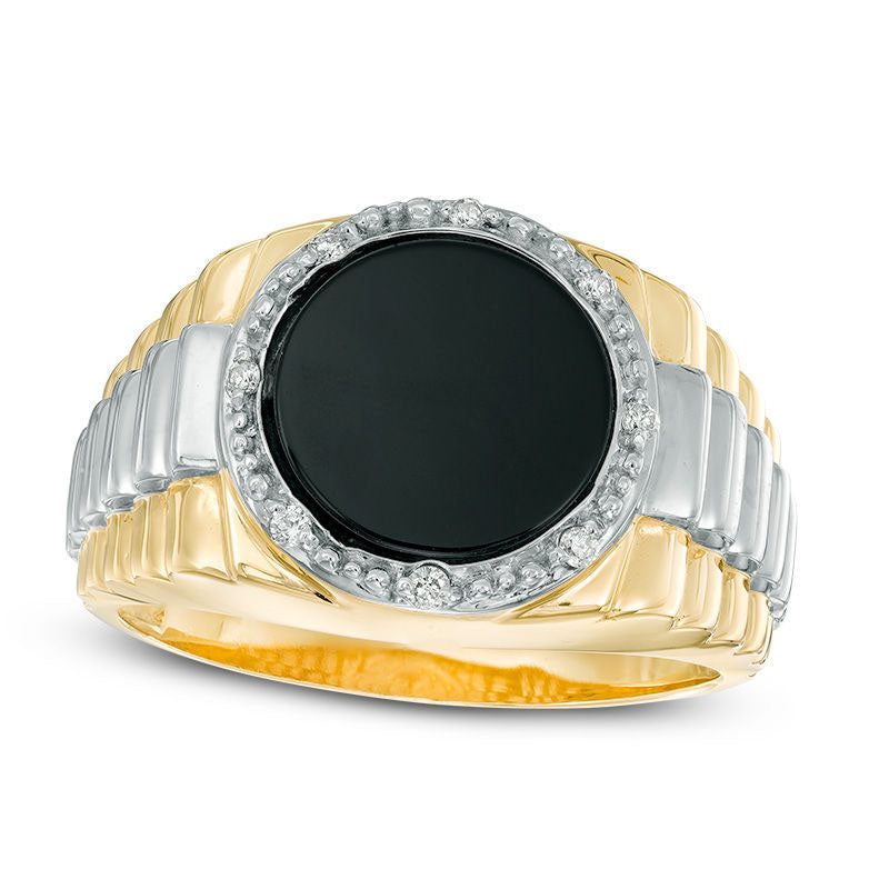 Image of ID 1 Men's Onyx and Natural Diamond Accent Frame Stepped Shank Signet Style Ring in Solid 10K Two-Tone Gold