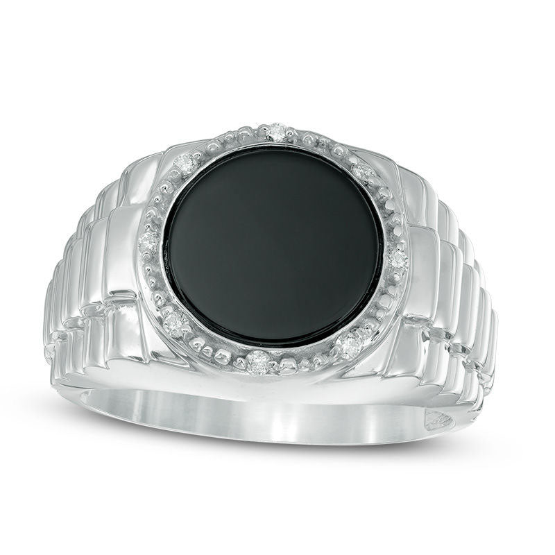 Image of ID 1 Men's Onyx and Natural Diamond Accent Stepped Shank Signet Style Ring in Solid 10K White Gold