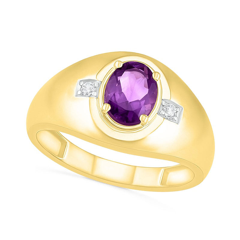 Image of ID 1 Men's Oval Amethyst and 005 CT TW Natural Diamond Side Accent Signet Ring in Solid 10K Yellow Gold