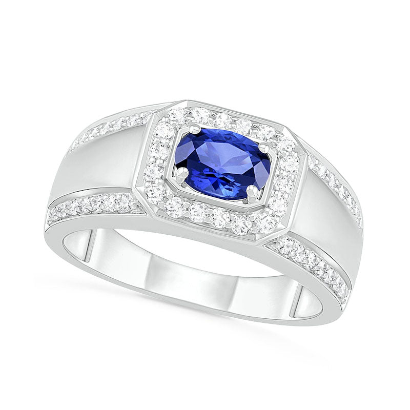 Image of ID 1 Men's Oval Blue Lab-Created Sapphire and 050 CT TW Diamond Octagonal Frame Triple Row Ring in Sterling Silver