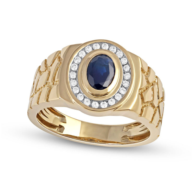 Image of ID 1 Men's Oval Blue Sapphire and 020 CT TW Natural Diamond Frame Nugget Shank Ring in Solid 10K Yellow Gold