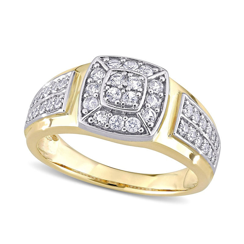 Image of ID 1 Men's Quad Lab-Created White Sapphire Cushion Frame Double Row Stepped Edge Ring in Solid 10K Yellow Gold