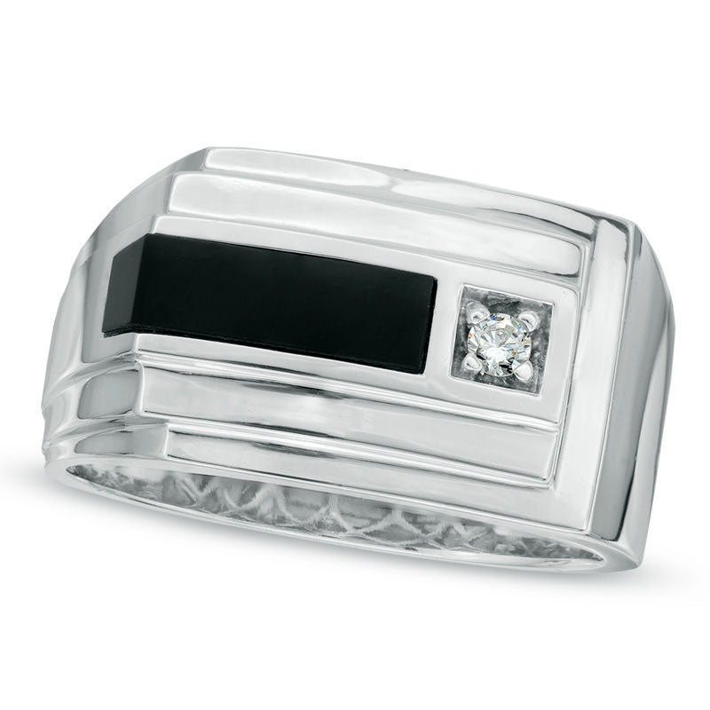 Image of ID 1 Men's Rectangular Onyx and Natural Diamond Accent Layered Bar Ring in Solid 10K White Gold