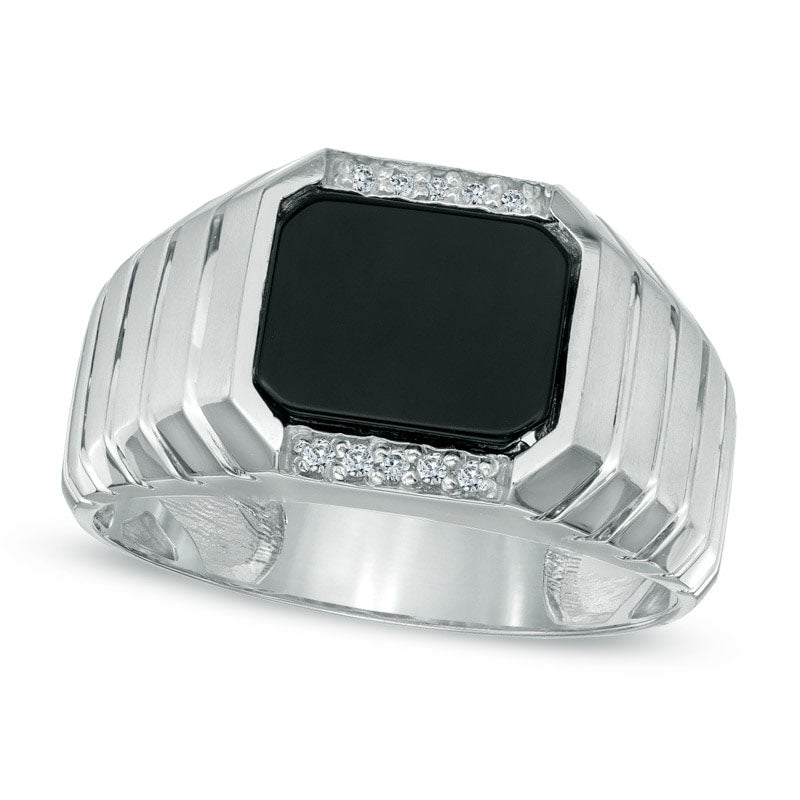 Image of ID 1 Men's Rectangular Onyx and Natural Diamond Accent Ring in Solid 14K White Gold
