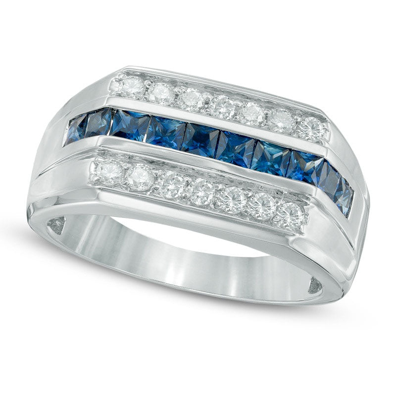 Image of ID 1 Men's Square-Cut Blue Sapphire and 038 CT TW Natural Diamond Ring in Solid 14K White Gold