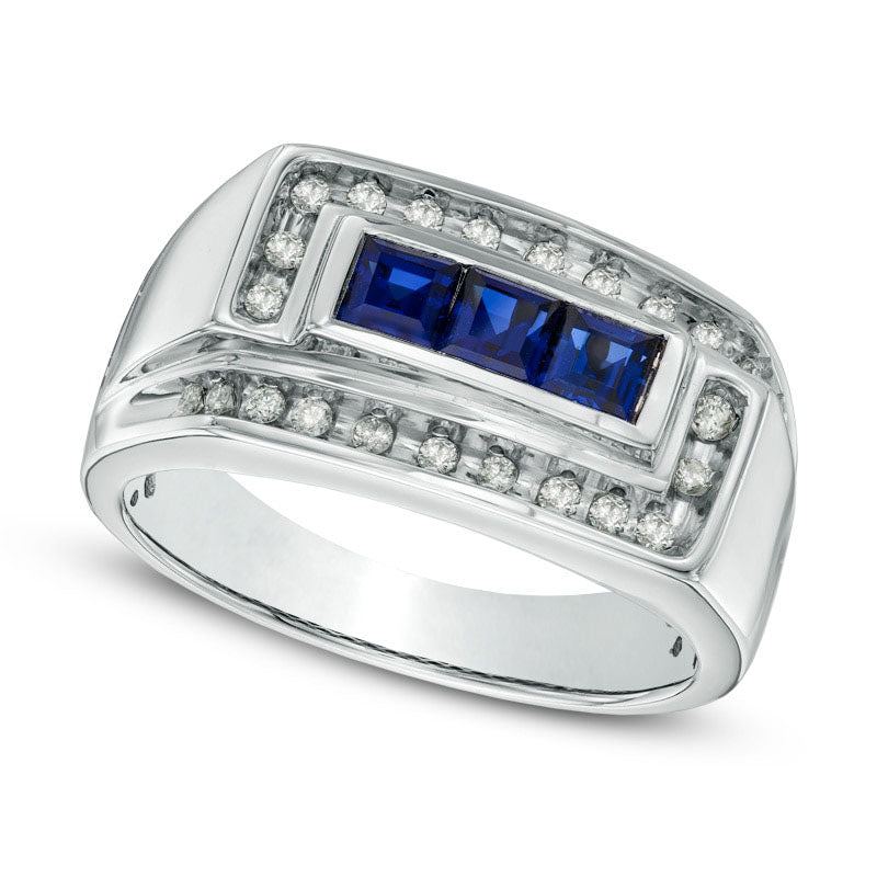Image of ID 1 Men's Square-Cut Lab-Created Blue Sapphire and 025 CT TW Diamond Ring in Solid 10K White Gold