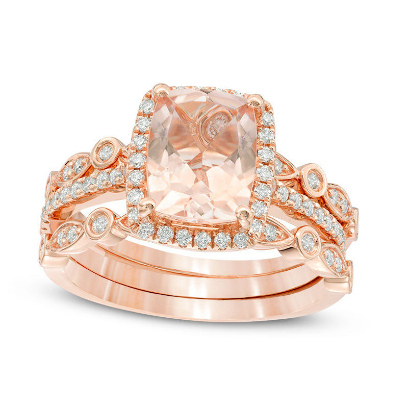 Image of ID 1 Morganite and 038 CT TW Natural Diamond Frame Art Deco Three Piece Bridal Engagement Ring Set in Solid 14K Rose Gold