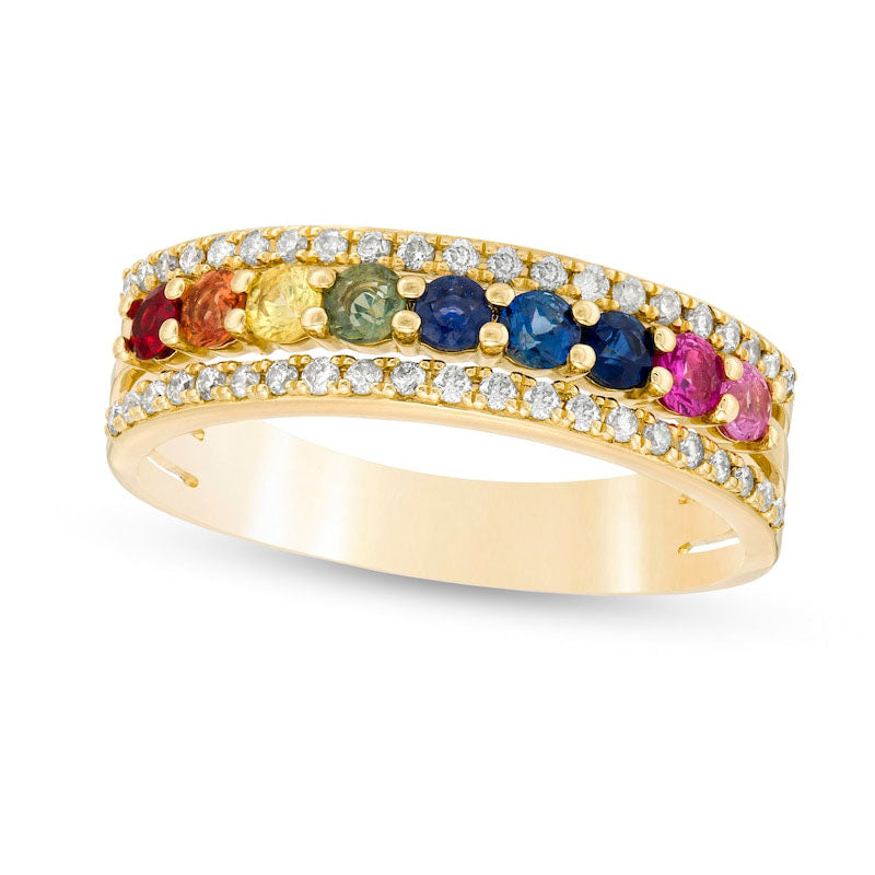 Image of ID 1 Multi-Color Sapphires and 020 CT TW Natural Diamond Edge Ring in Solid 14K Gold