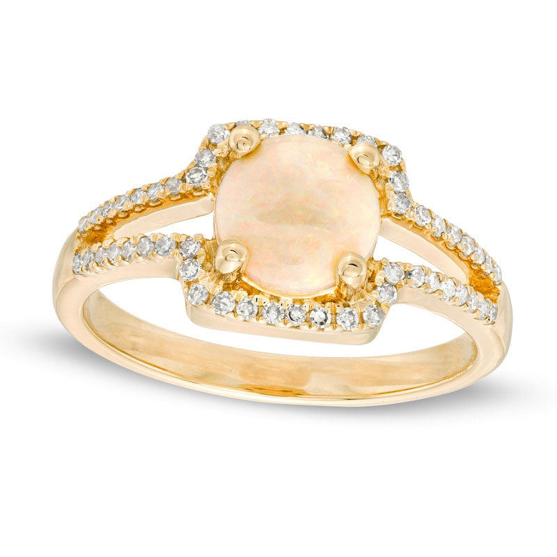 Image of ID 1 Opal and 020 CT TW Natural Diamond Cushion Frame Split Shank Ring in Solid 10K Yellow Gold