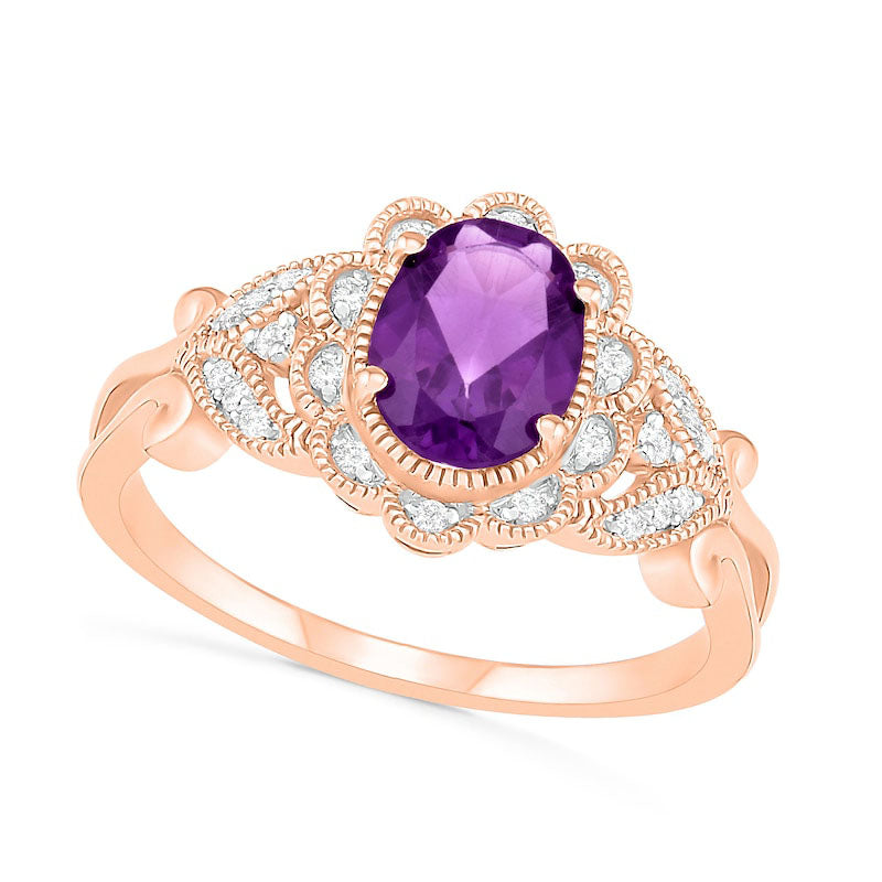Image of ID 1 Oval Amethyst and 010 CT TW Natural Diamond Scallop Frame Leaf-Sides Antique Vintage-Style Flower Ring in Solid 10K Rose Gold