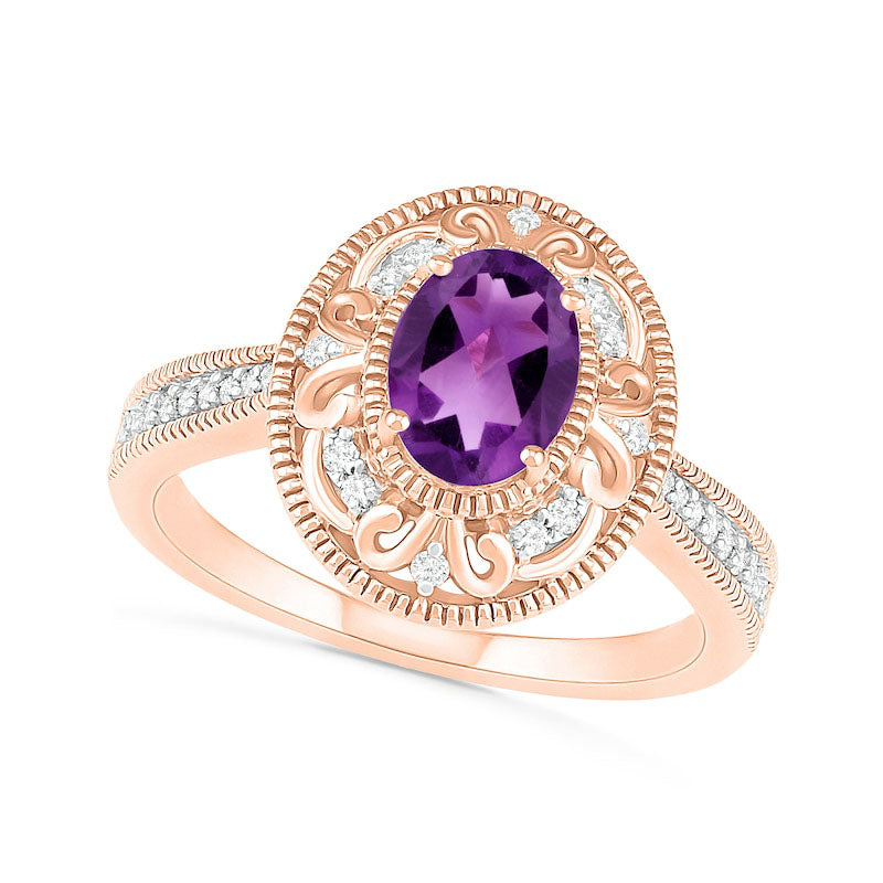 Image of ID 1 Oval Amethyst and 013 CT TW Natural Diamond Scroll Frame Tapered Shank Antique Vintage-Style Ring in Solid 10K Rose Gold