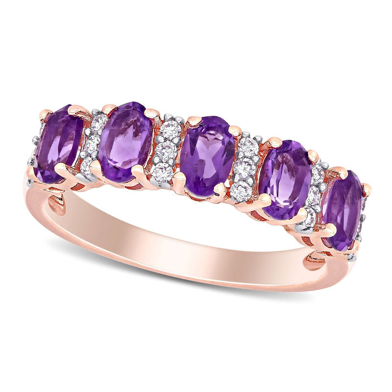 Image of ID 1 Oval Amethyst and 017 CT TW Natural Diamond Five Stone Ring in Solid 14K Rose Gold