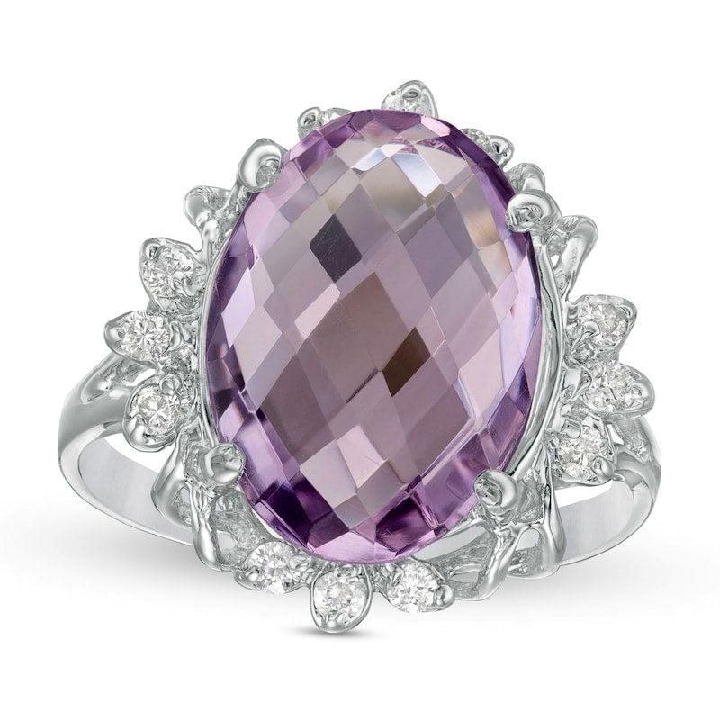 Image of ID 1 Oval Amethyst and 020 CT TW Natural Diamond Petal Frame Ring in Solid 10K White Gold