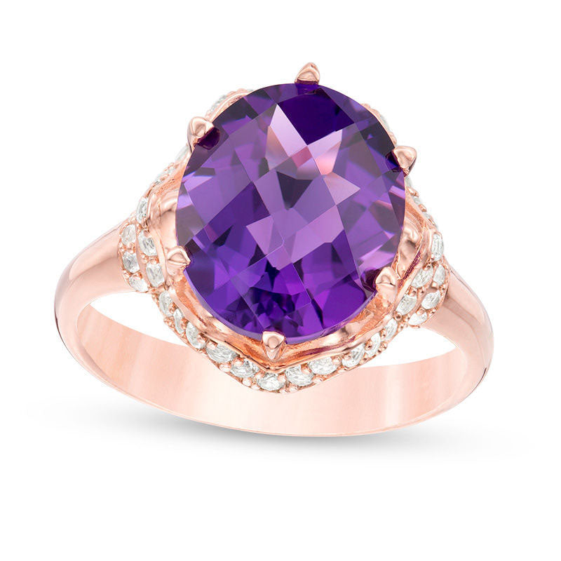 Image of ID 1 Oval Amethyst and 033 CT TW Natural Diamond Zig-Zag Collar Ring in Solid 10K Rose Gold