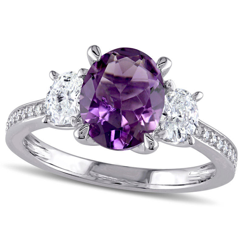 Image of ID 1 Oval Amethyst and 063 CT TW Natural Diamond Three Stone Ring in Solid 14K White Gold