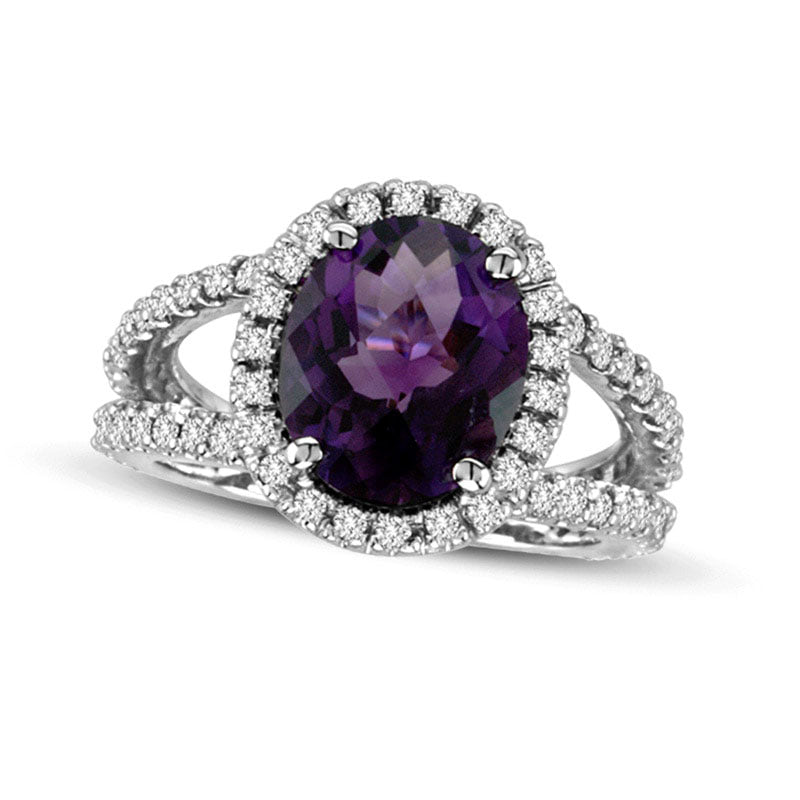 Image of ID 1 Oval Amethyst and 088 CT TW Natural Diamond Ring in Solid 14K White Gold