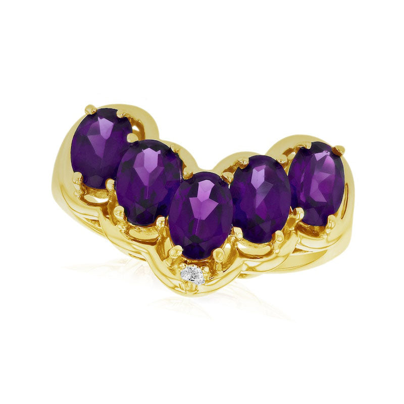 Image of ID 1 Oval Amethyst and Natural Diamond Accent Five Stone Chevron Ring in Solid 14K Gold