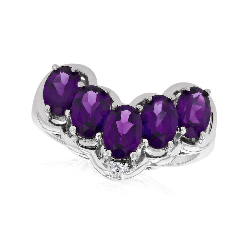 Image of ID 1 Oval Amethyst and Natural Diamond Accent Five Stone Chevron Ring in Solid 14K White Gold